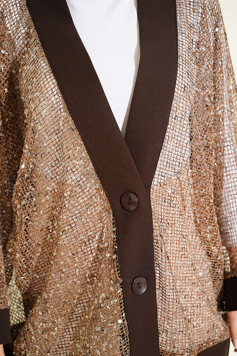 Sequin Mesh Cardigan - Brown