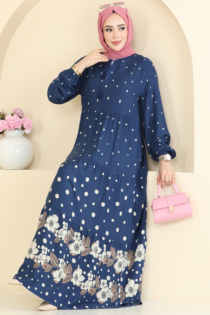 Printed Viscose Dress with Tassels - Indigo