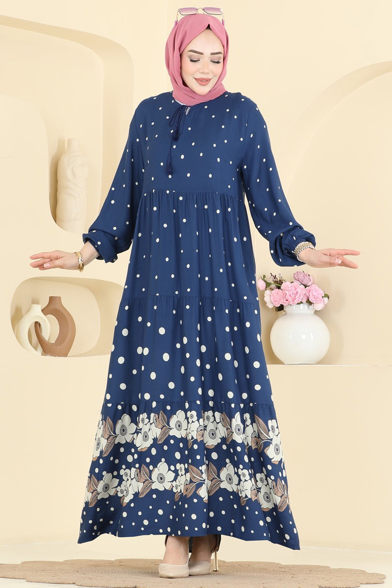 Printed Viscose Dress with Tassels - Indigo