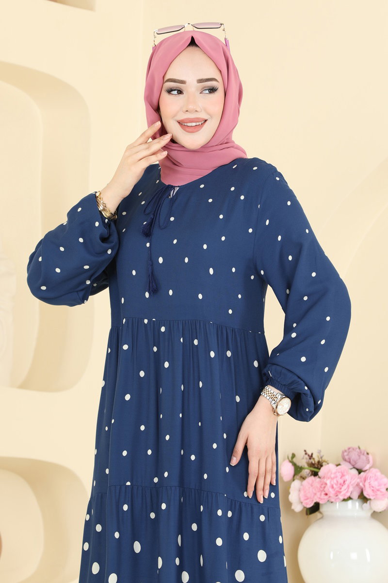 Printed Viscose Dress with Tassels - Indigo