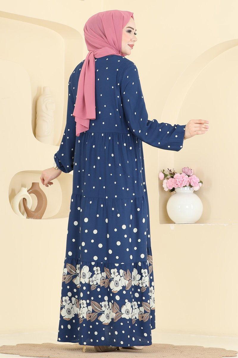 Printed Viscose Dress with Tassels - Indigo