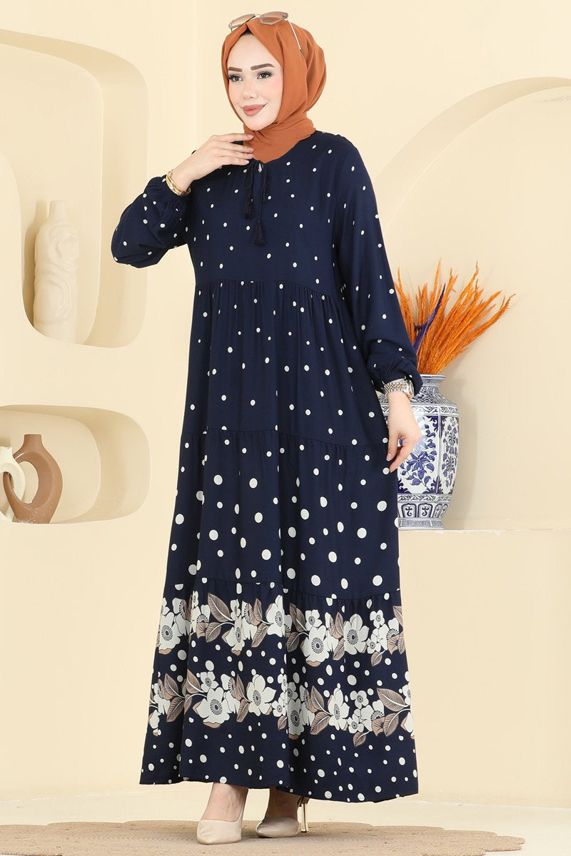 Printed Viscose Dress with Tassels - Navy