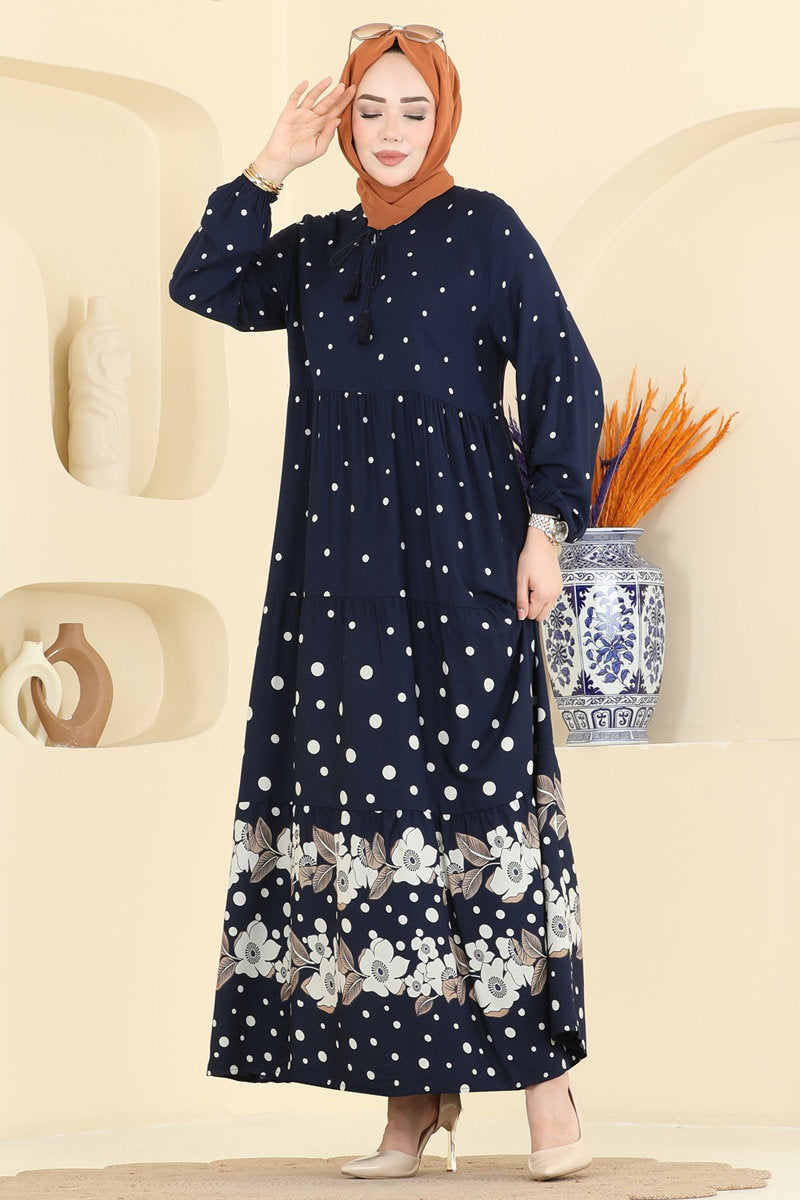 Printed Viscose Dress with Tassels - Navy