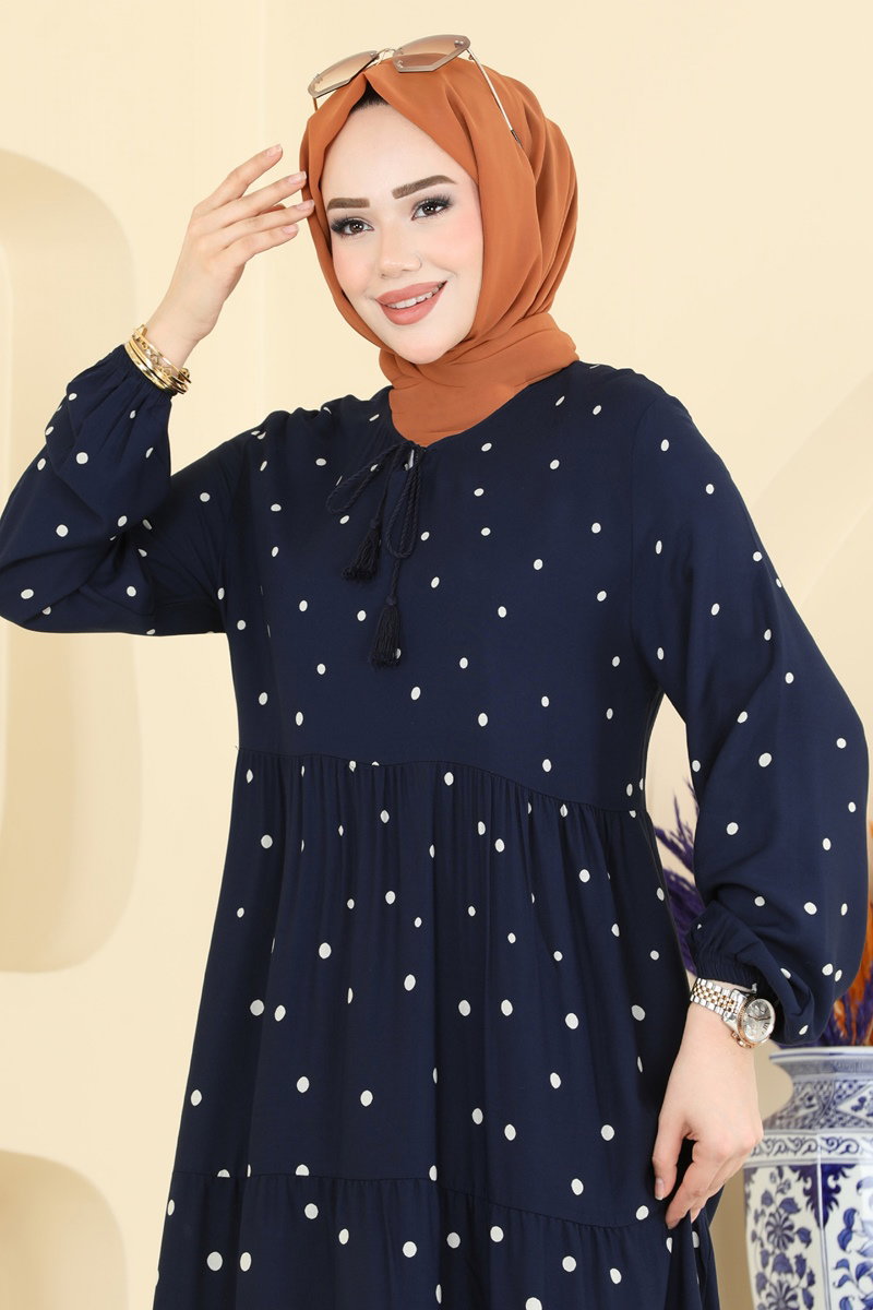 Printed Viscose Dress with Tassels - Navy