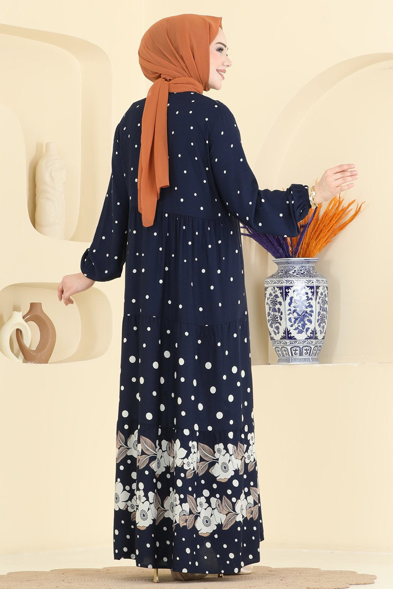 Printed Viscose Dress with Tassels - Navy