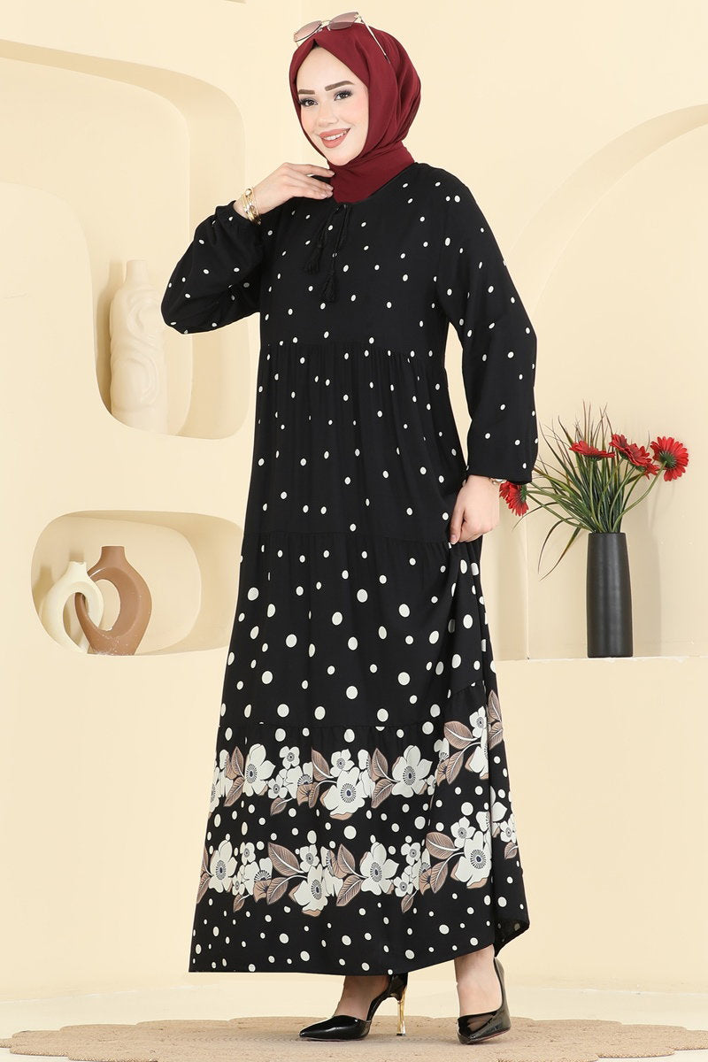 Printed Viscose Dress with Tassels - Black