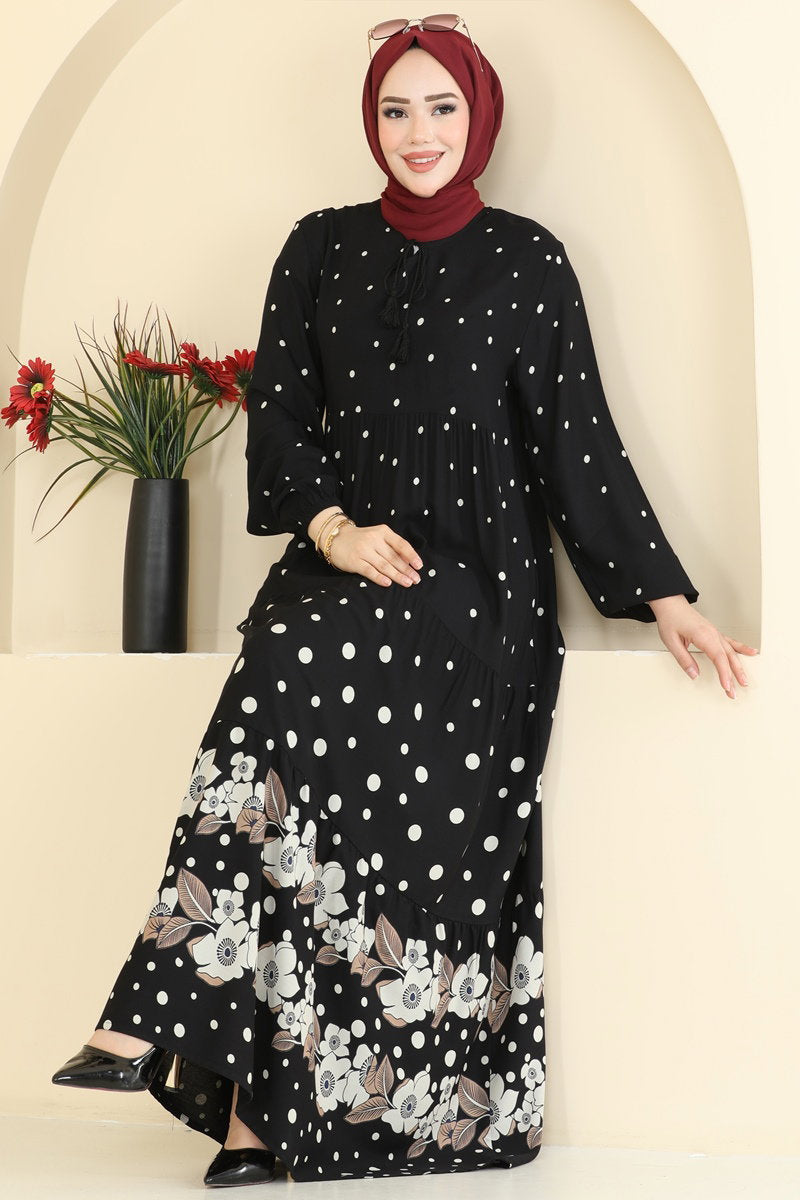Printed Viscose Dress with Tassels - Black
