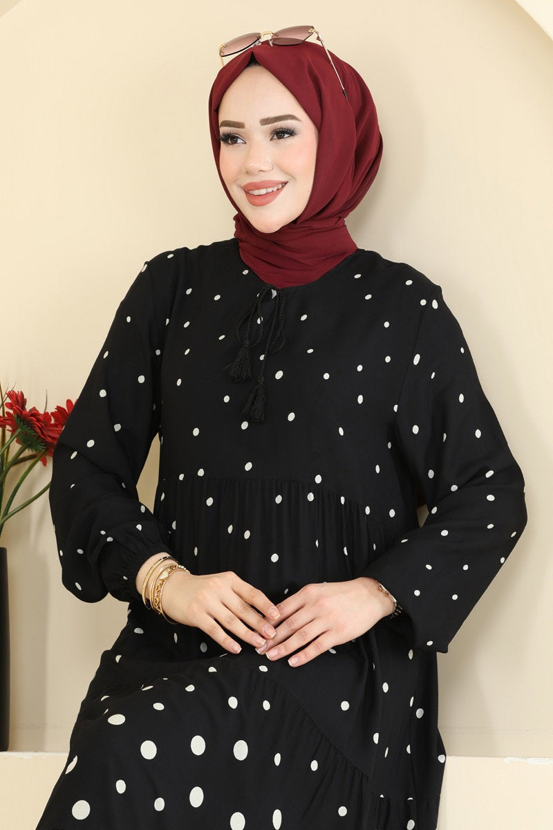 Printed Viscose Dress with Tassels - Black