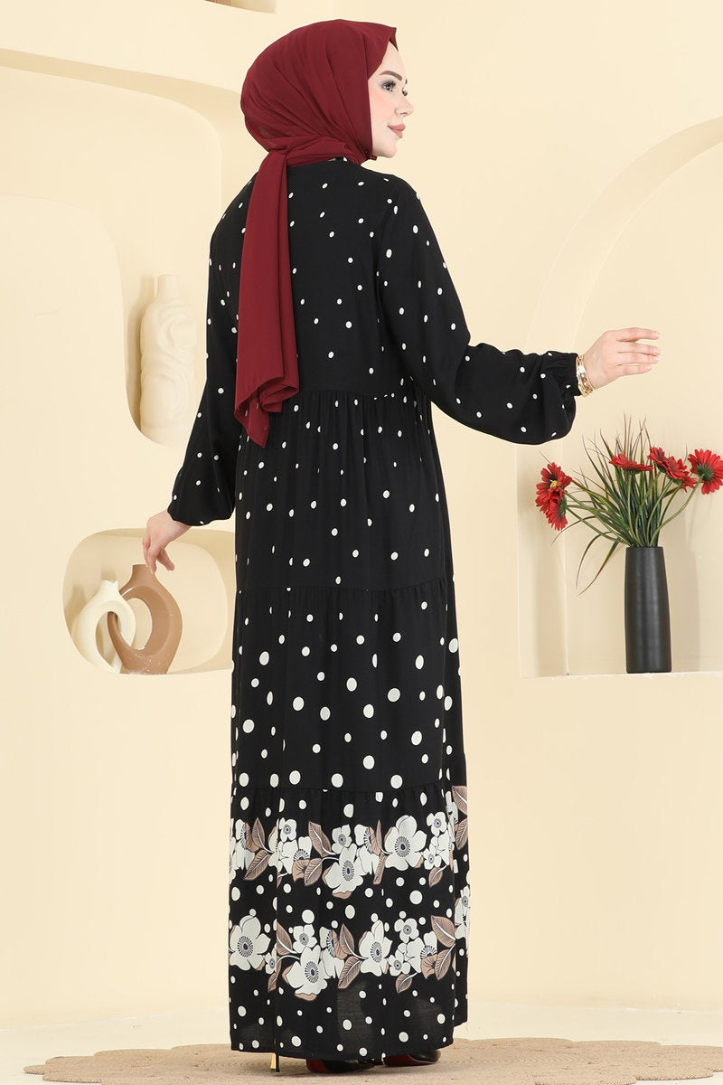 Printed Viscose Dress with Tassels - Black