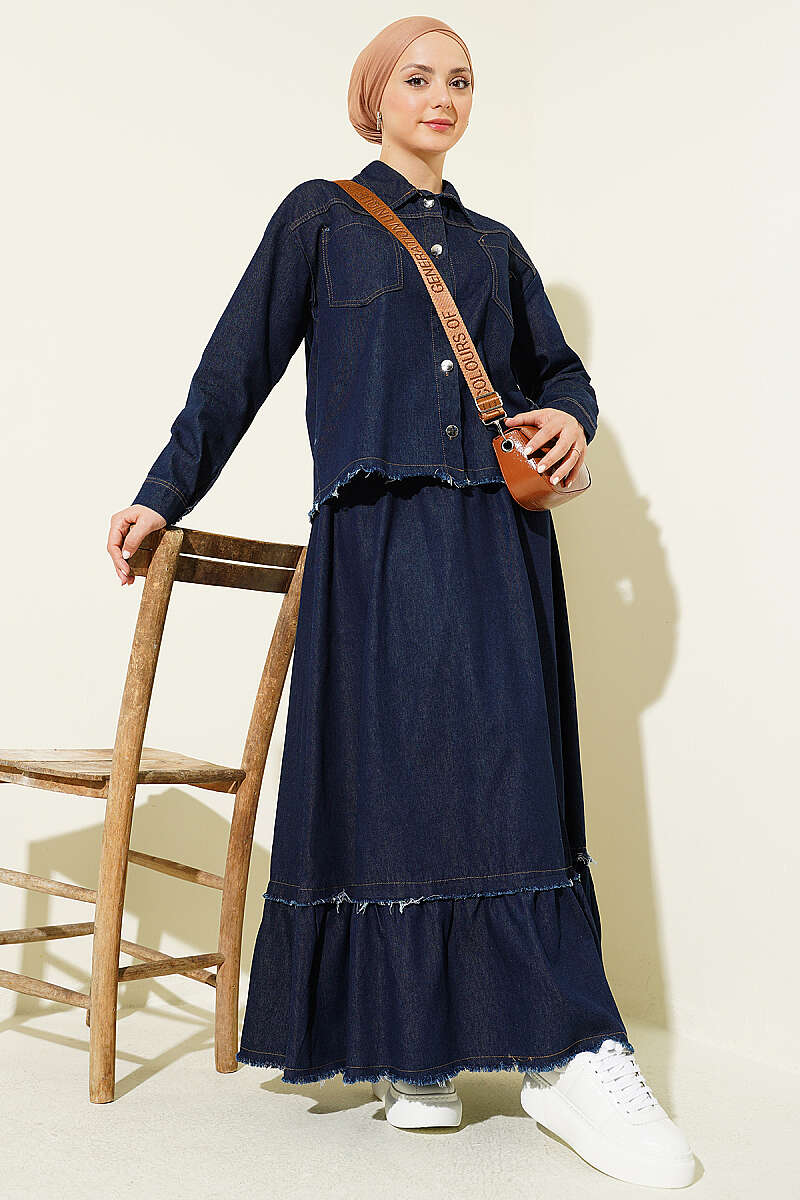 Denim Skirt Two-Piece Set with Tassels - Navy