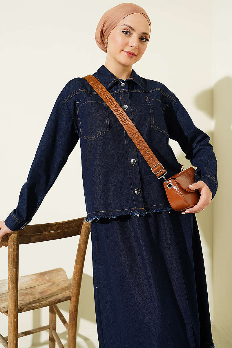 Denim Skirt Two-Piece Set with Tassels - Navy