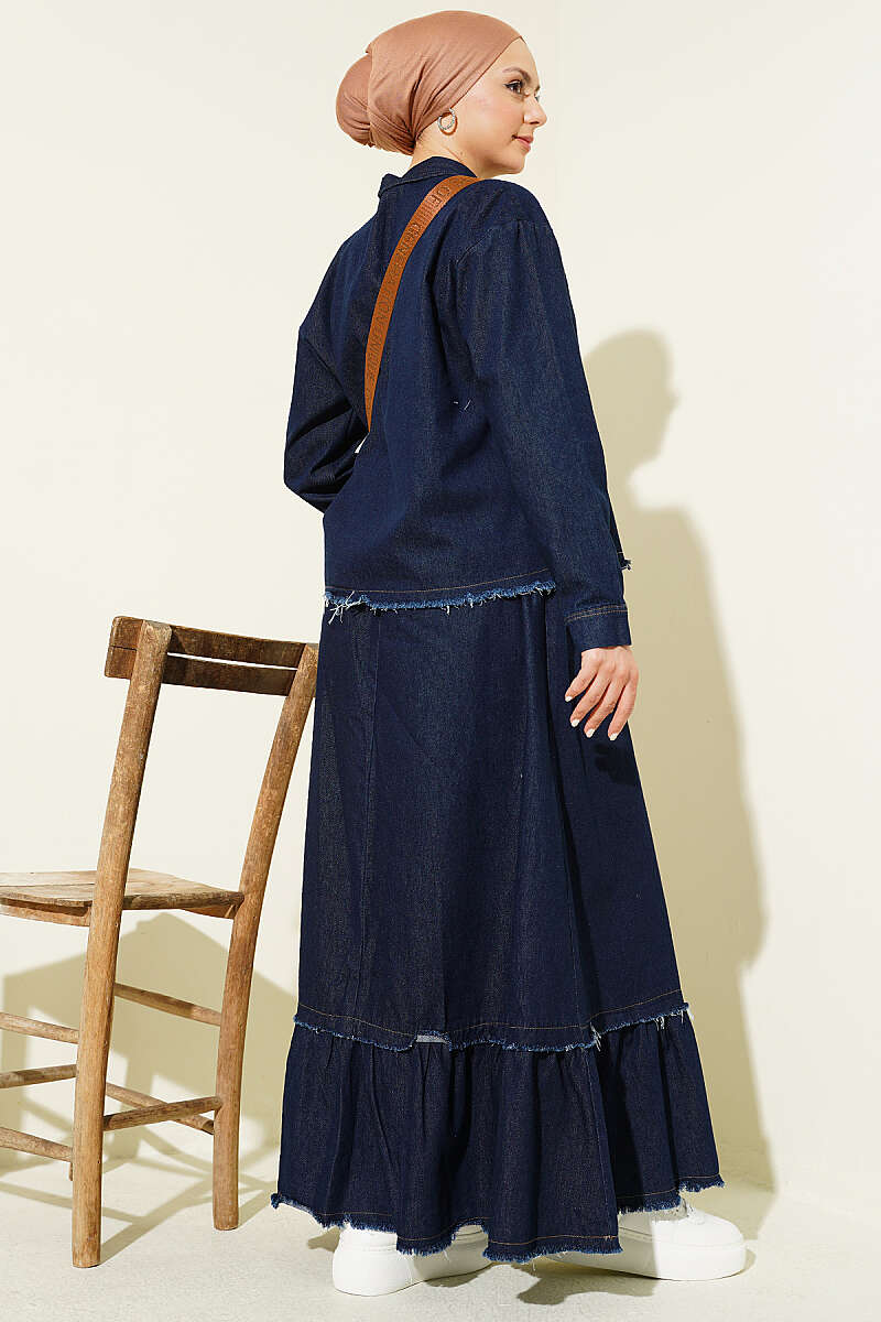 Denim Skirt Two-Piece Set with Tassels - Navy