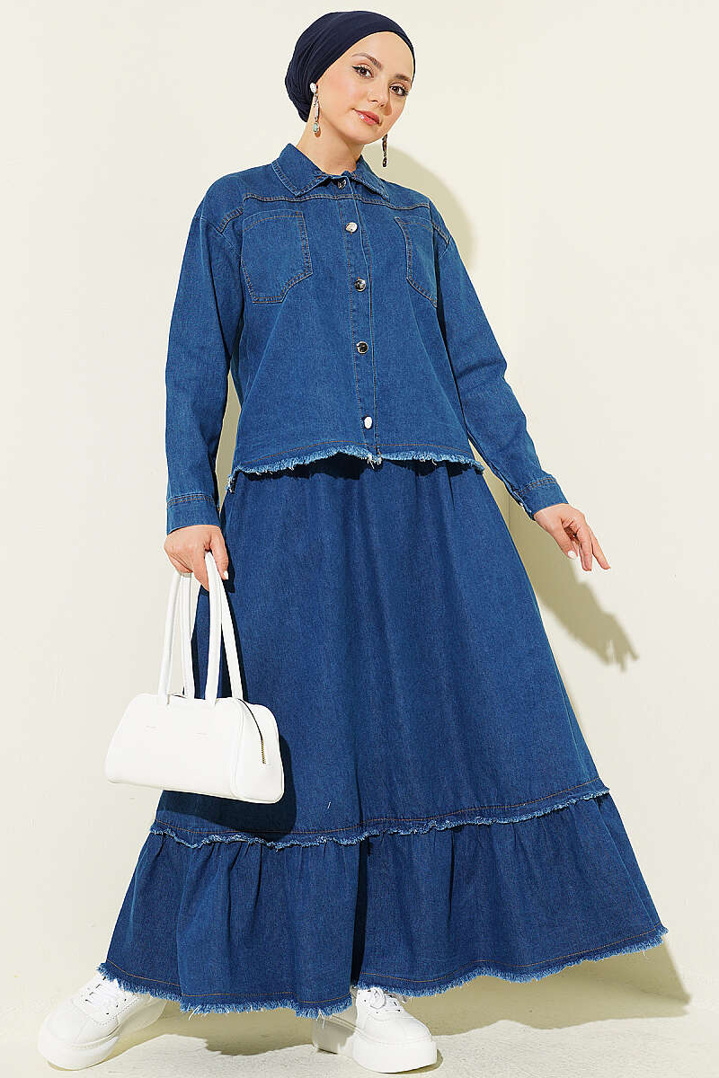 Denim Skirt Two-Piece Set with Tassels - Blue