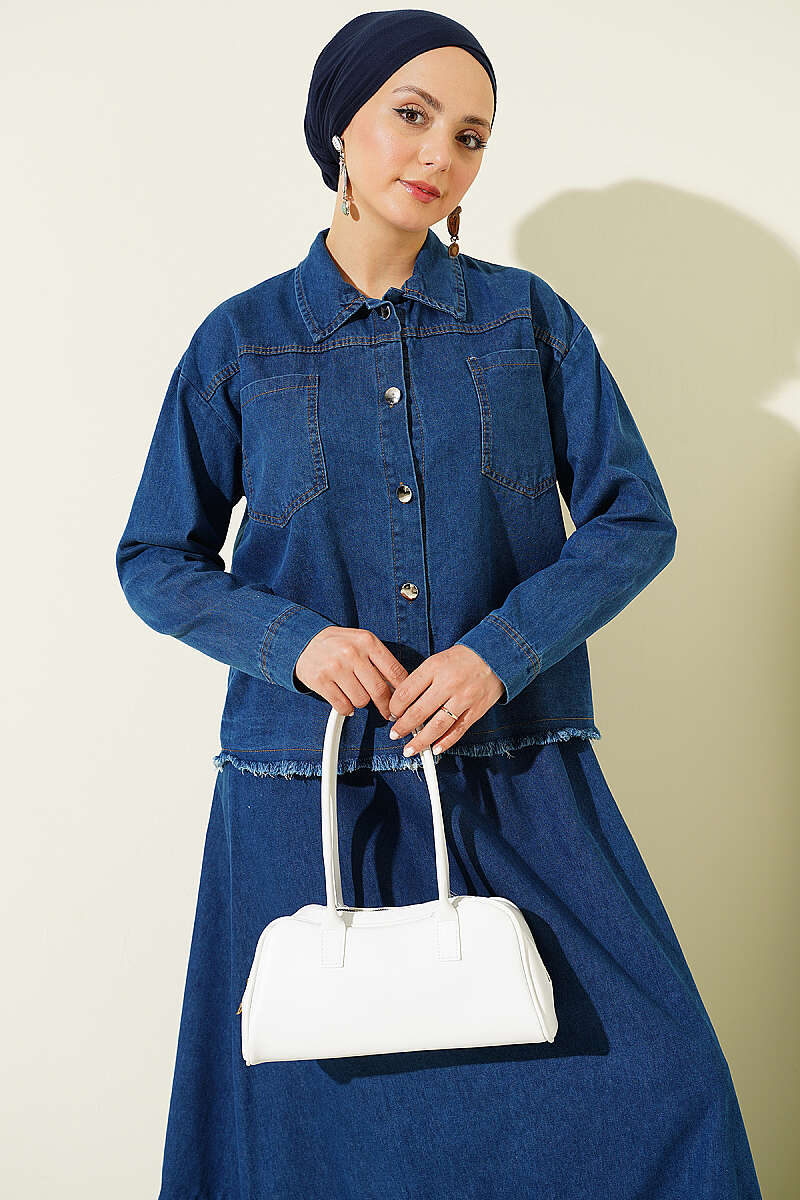 Denim Skirt Two-Piece Set with Tassels - Blue