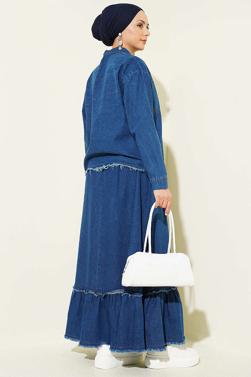 Denim Skirt Two-Piece Set with Tassels - Blue