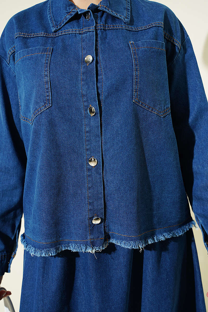 Denim Skirt Two-Piece Set with Tassels - Blue