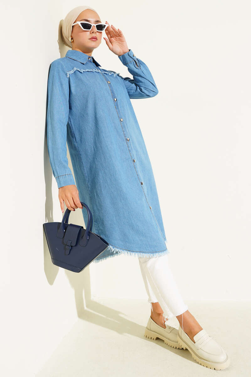 Long Denim Tunic with Tassels - Denim Blue
