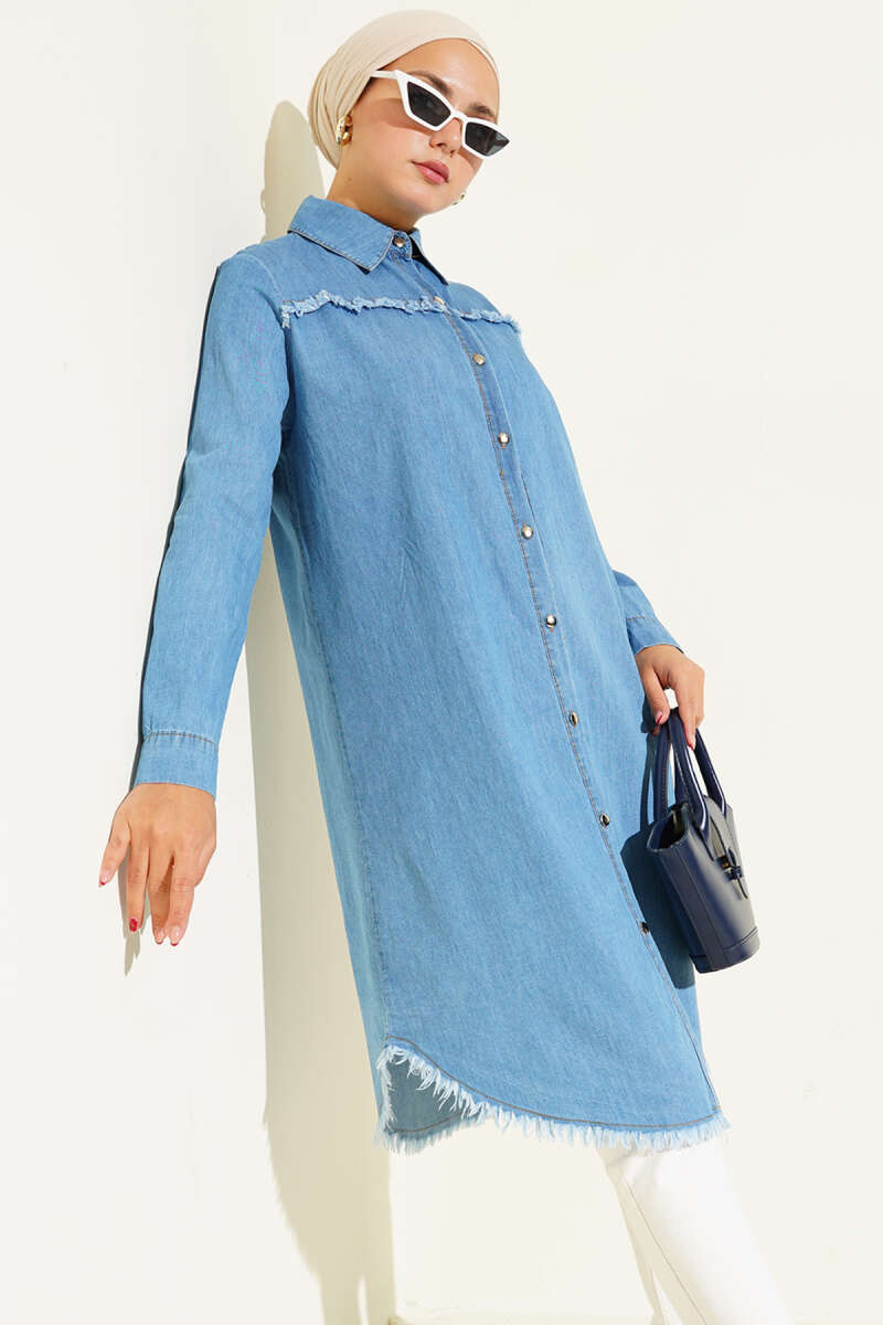 Long Denim Tunic with Tassels - Denim Blue