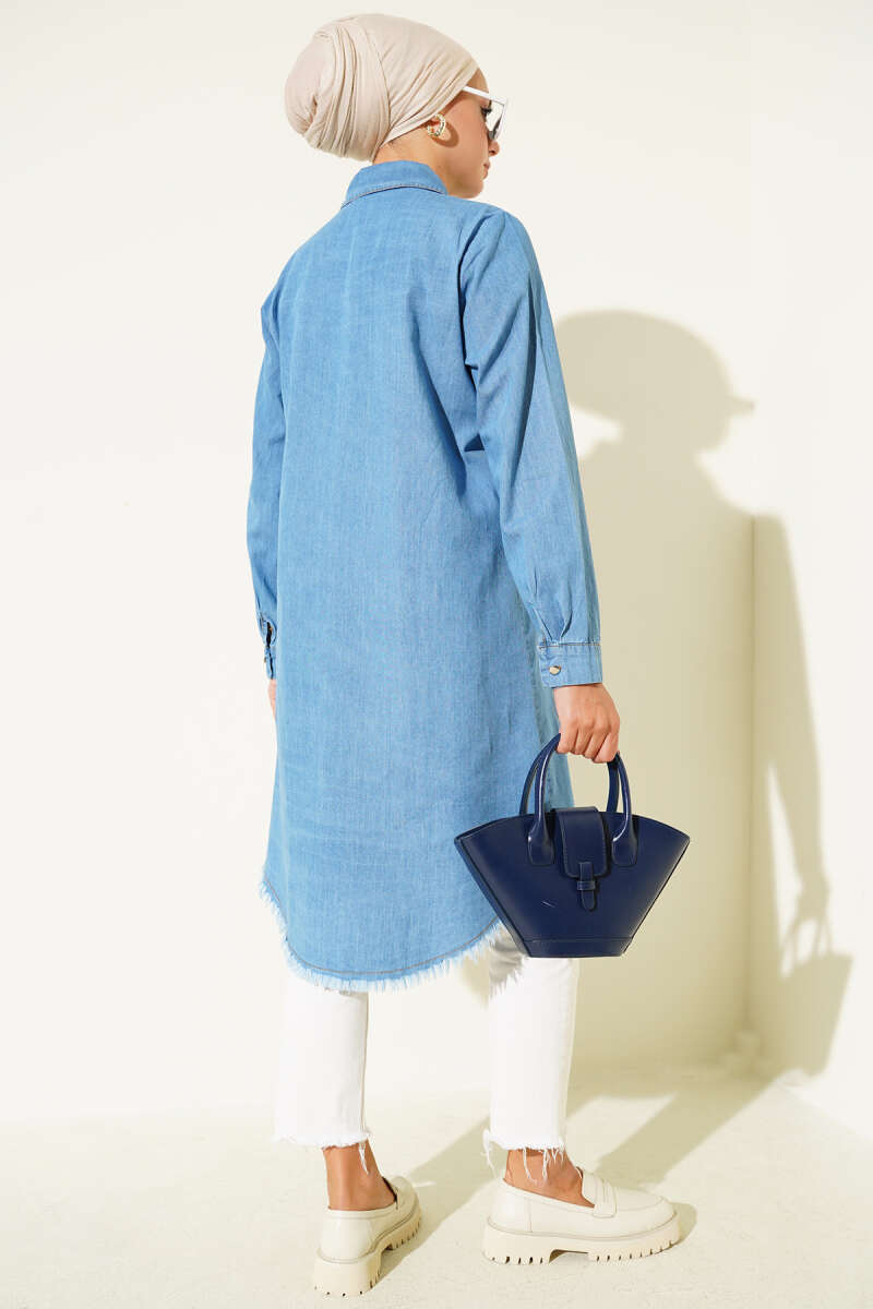 Long Denim Tunic with Tassels - Denim Blue