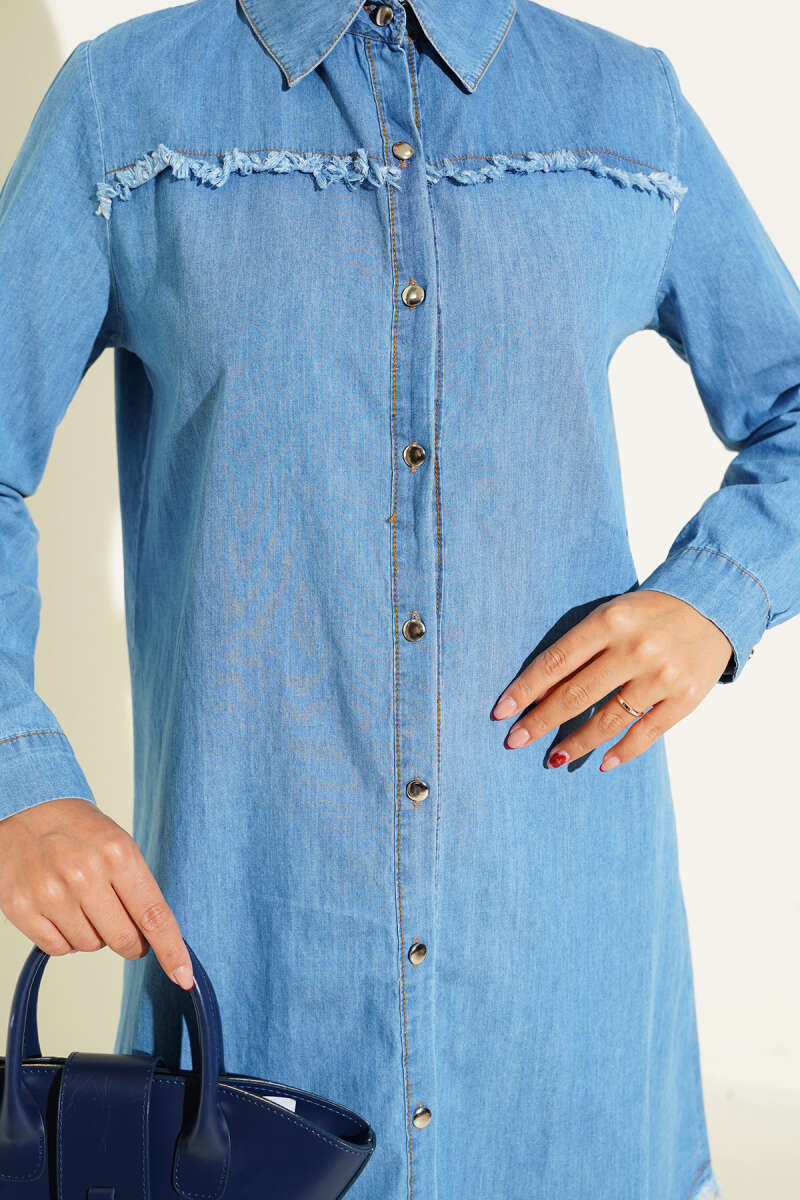 Long Denim Tunic with Tassels - Denim Blue