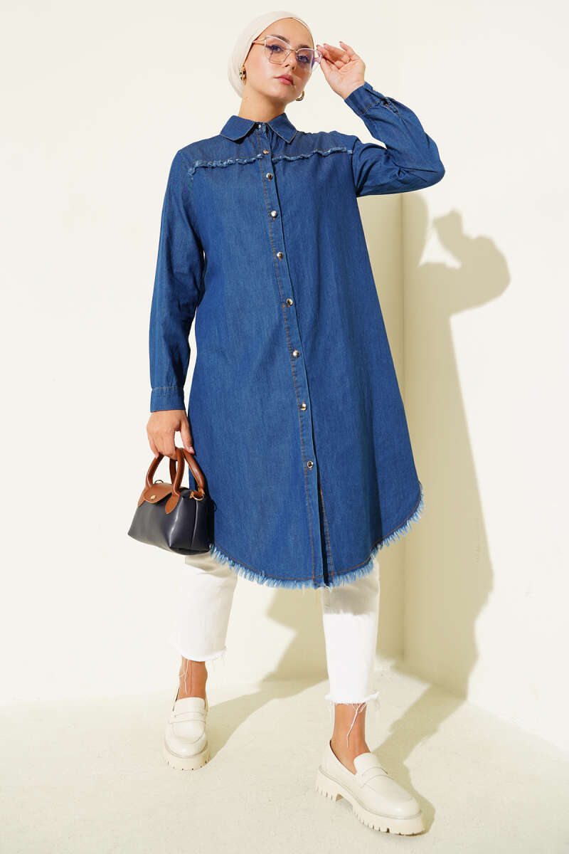 Long Denim Tunic with Tassels - Denim Blue 2