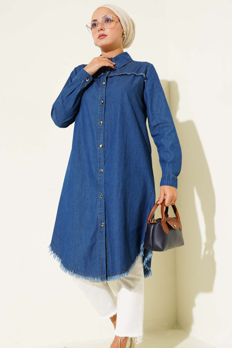 Long Denim Tunic with Tassels - Denim Blue 2