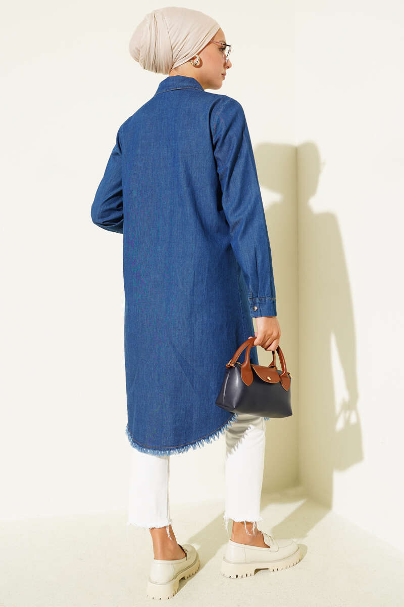 Long Denim Tunic with Tassels - Denim Blue 2