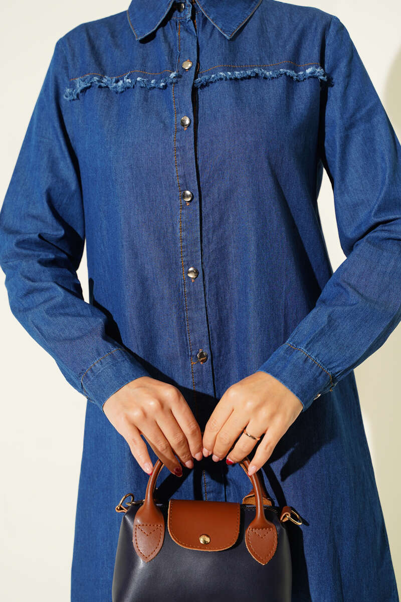 Long Denim Tunic with Tassels - Denim Blue 2