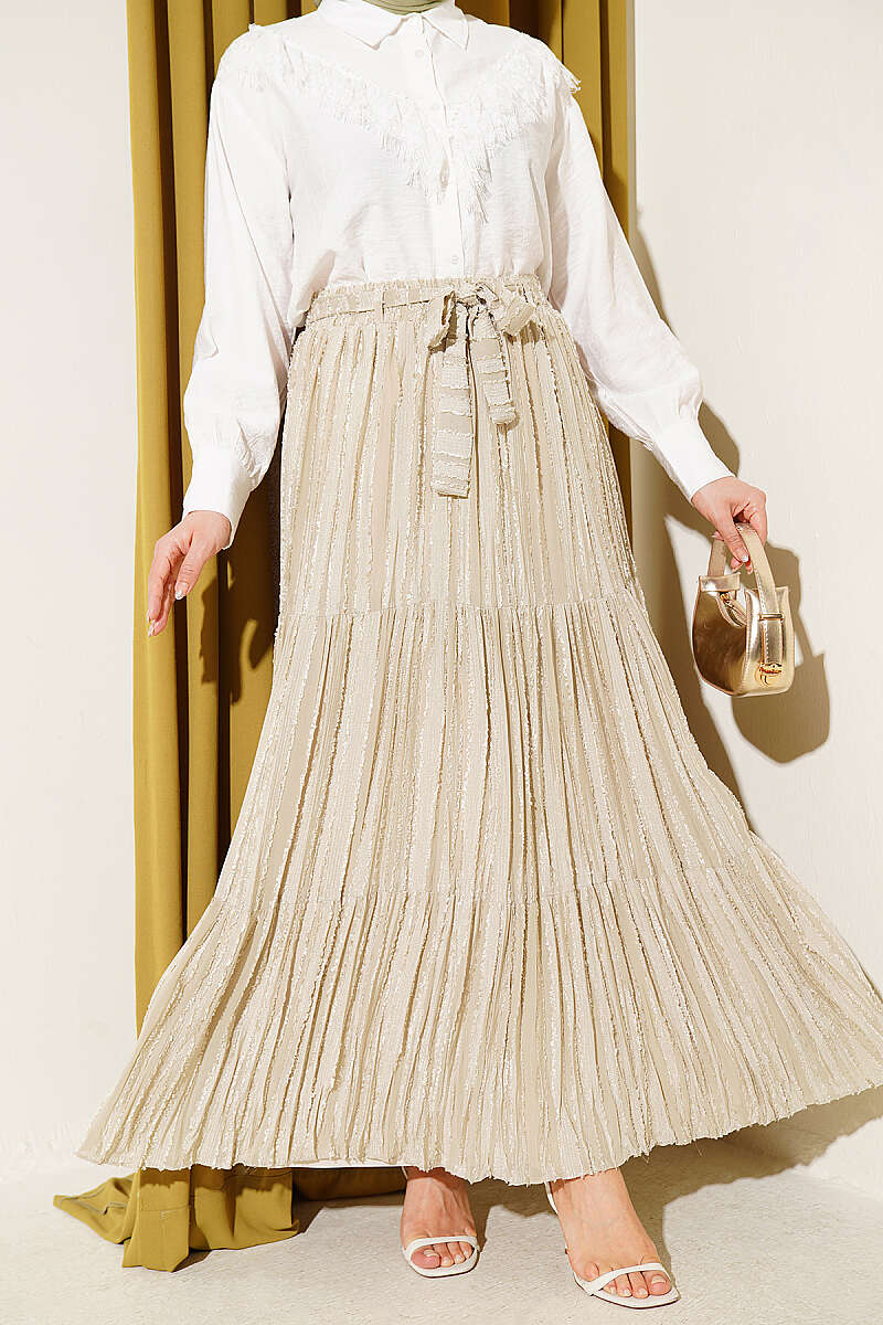 Pleated Skirt with Tassel Detail - Dark Olive
