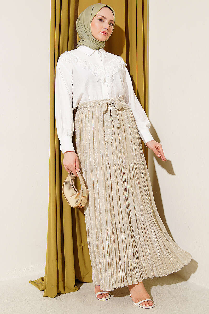 Pleated Skirt with Tassel Detail - Dark Olive