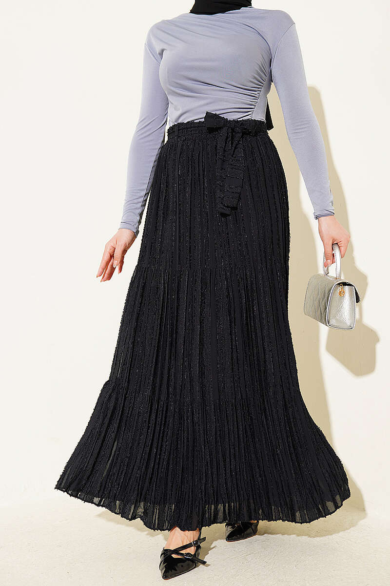 Pleated Skirt with Tassel Detail - Black