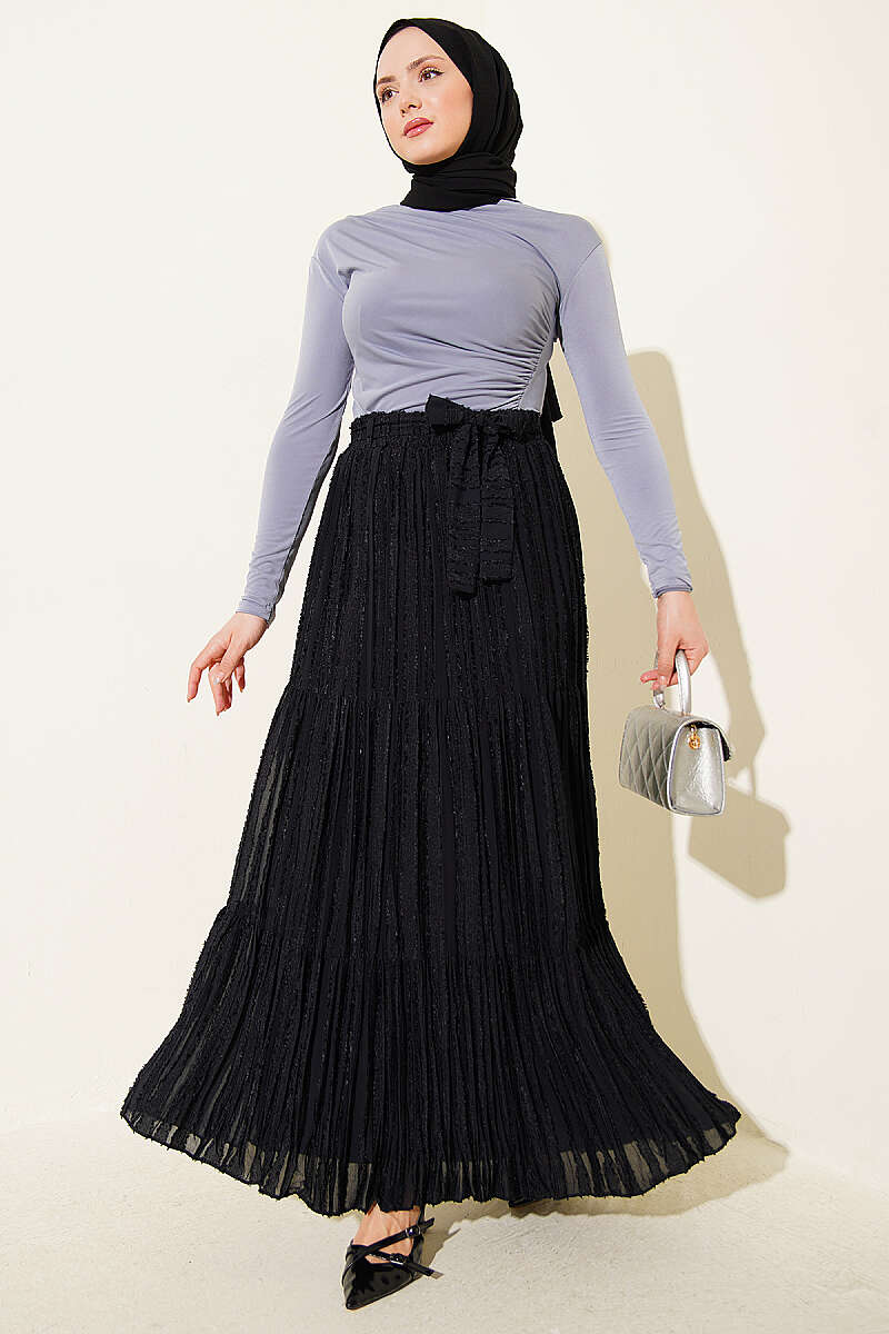 Pleated Skirt with Tassel Detail - Black