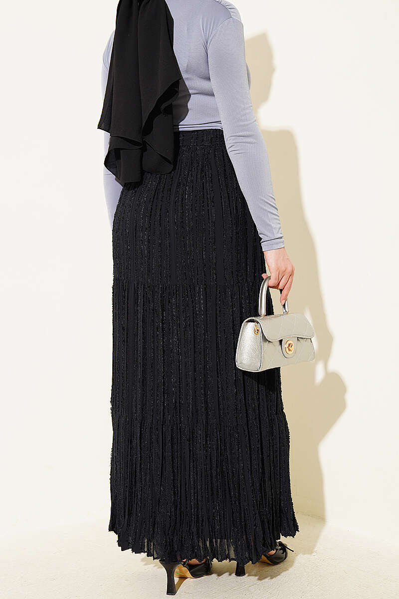 Pleated Skirt with Tassel Detail - Black