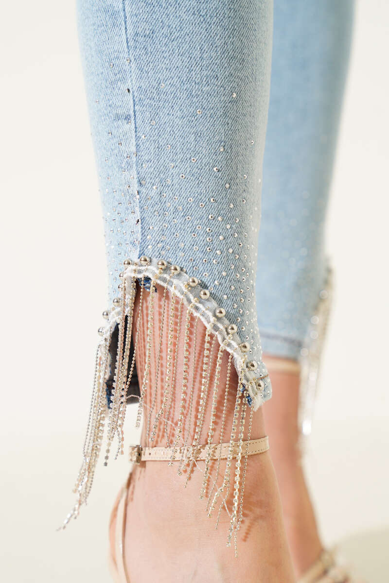 Slim-Leg Jeans with Tassel Stones - Light Wash