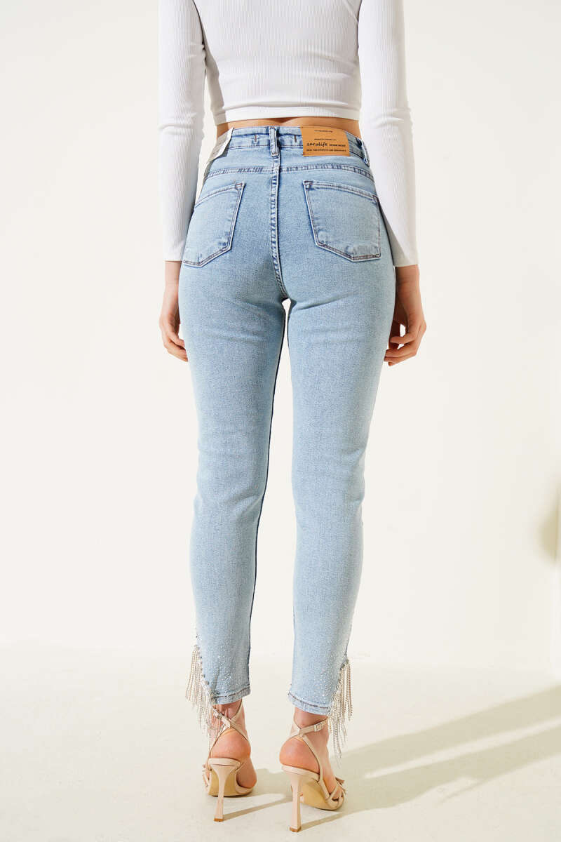 Slim-Leg Jeans with Tassel Stones - Light Wash