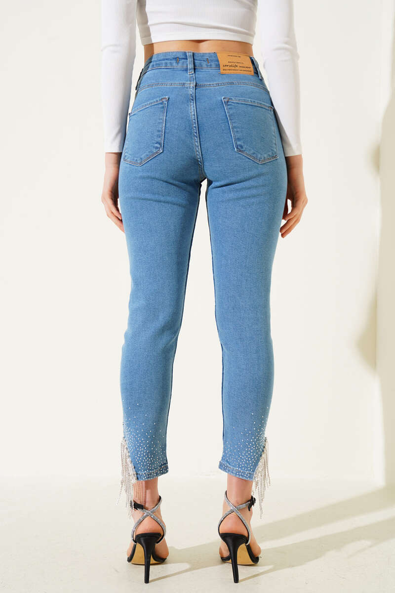 Slim-Leg Jeans with Tassel Stones - Blue