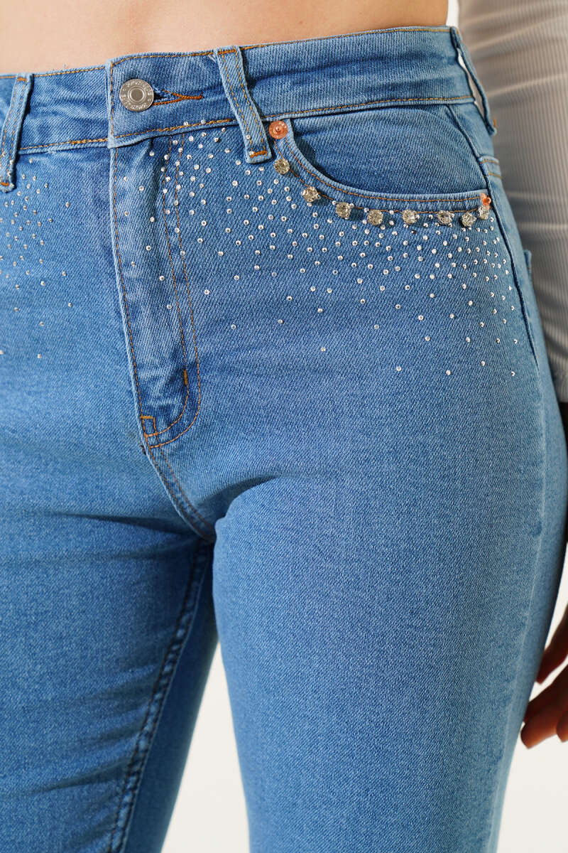 Slim-Leg Jeans with Tassel Stones - Blue
