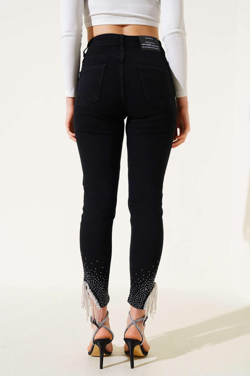 Slim-Leg Jeans with Tassel Stones - Black