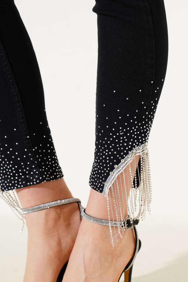 Slim-Leg Jeans with Tassel Stones - Black
