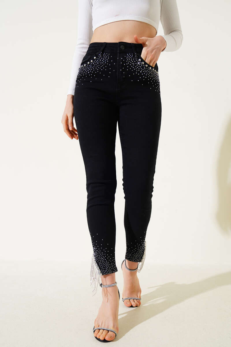 Slim-Leg Jeans with Tassel Stones - Black
