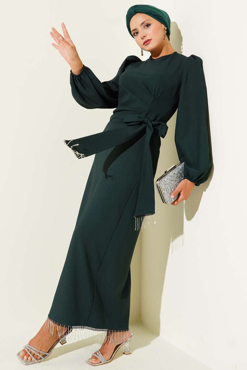 Side-Tie Evening Dress with Tassel Stones - Emerald