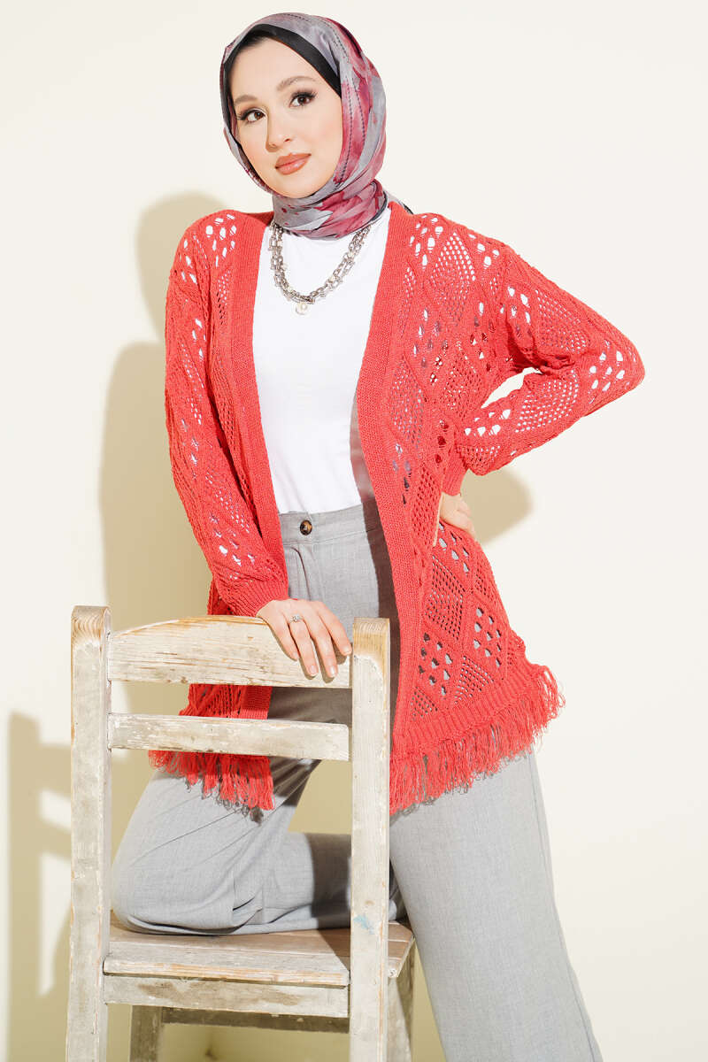 Tasselled Diamond-Pattern Pointelle Cardigan - Coral