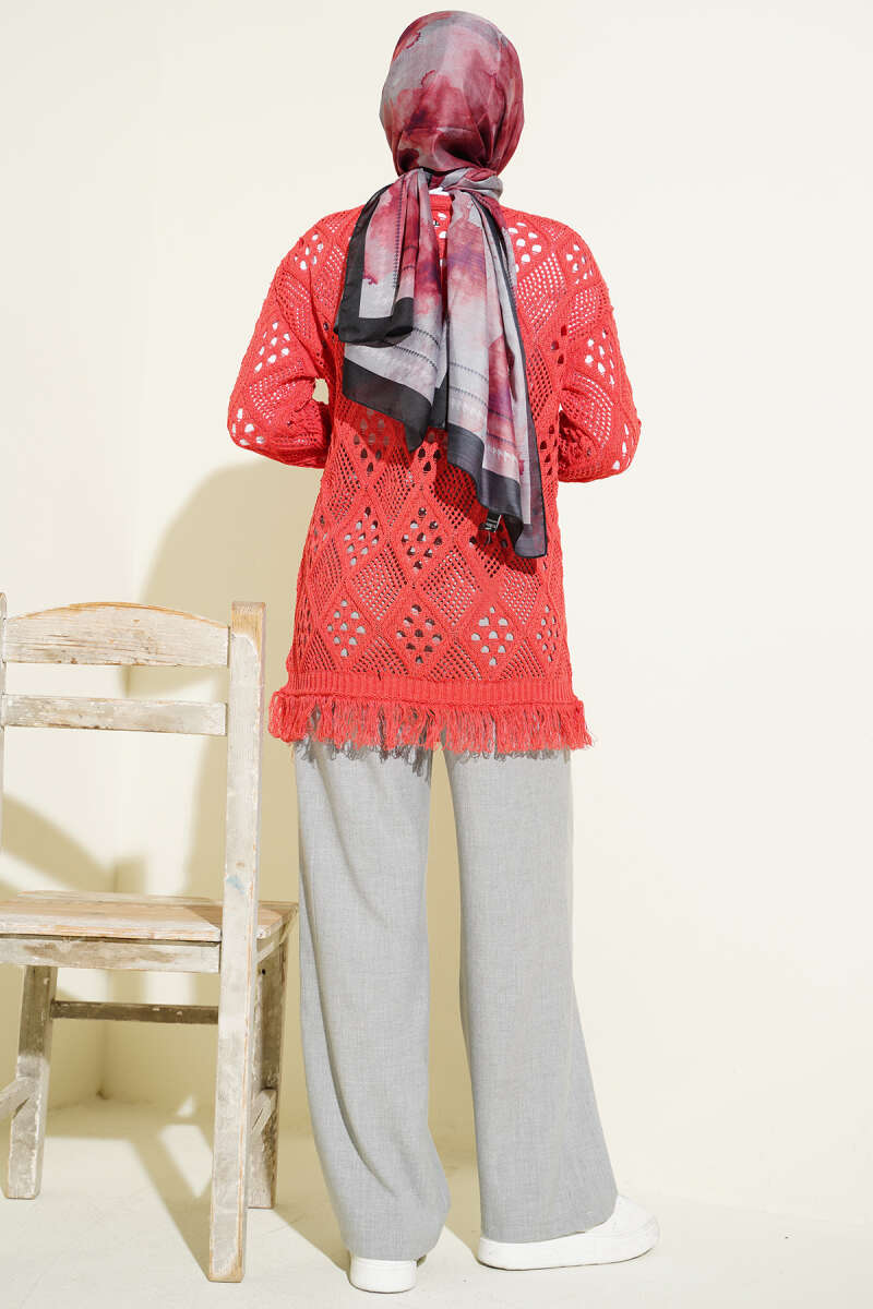 Tasselled Diamond-Pattern Pointelle Cardigan - Coral