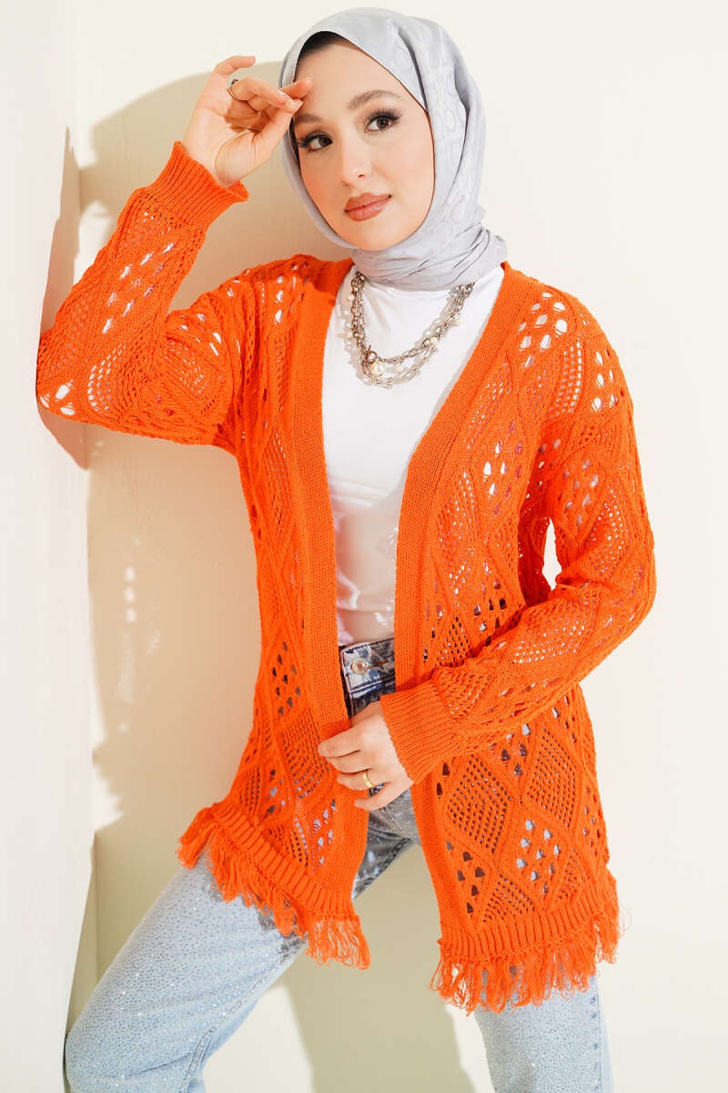 Tasselled Diamond-Pattern Pointelle Cardigan - Orange