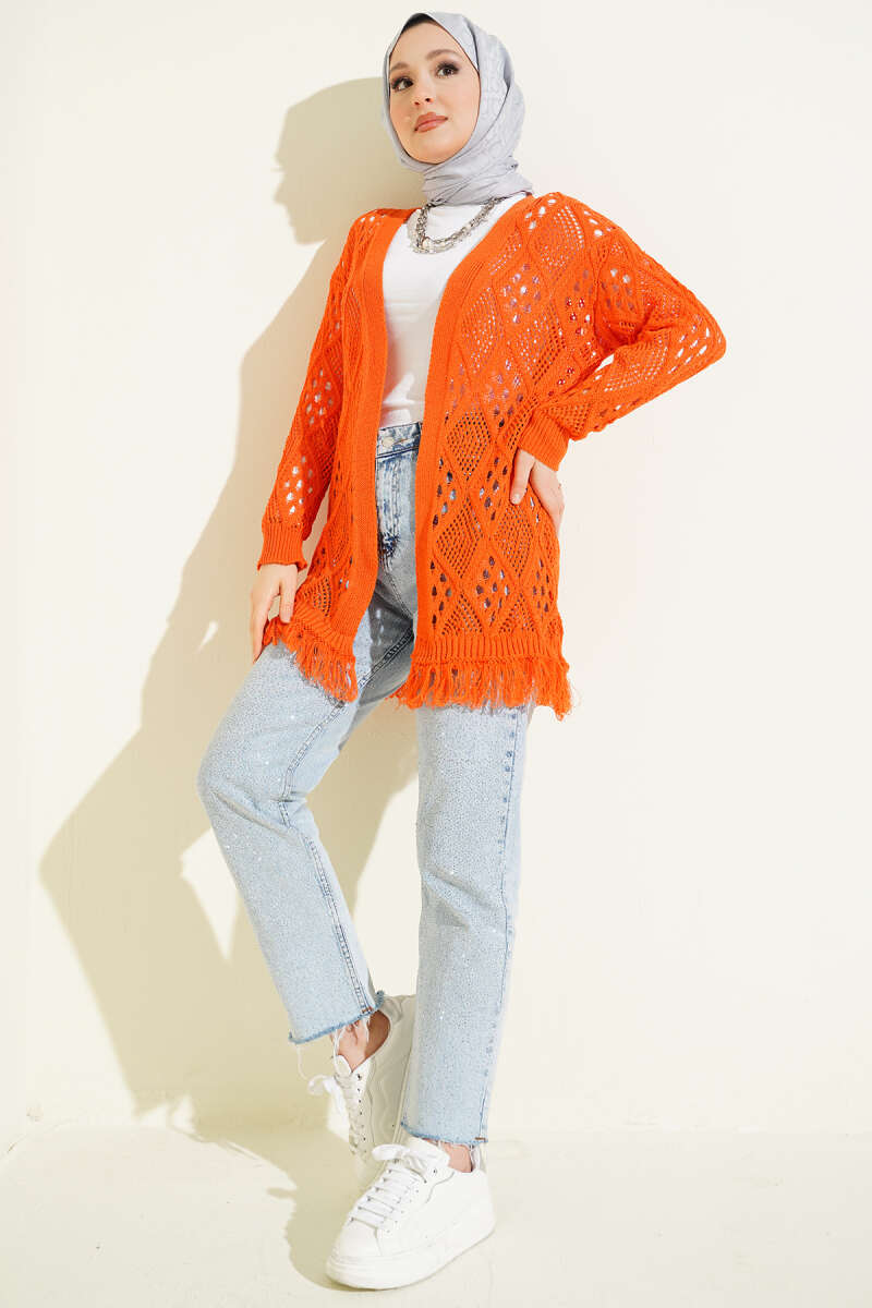 Tasselled Diamond-Pattern Pointelle Cardigan - Orange