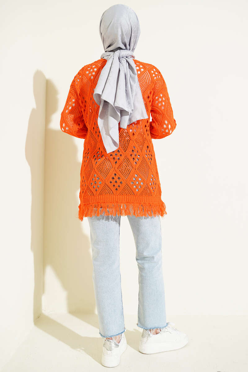 Tasselled Diamond-Pattern Pointelle Cardigan - Orange
