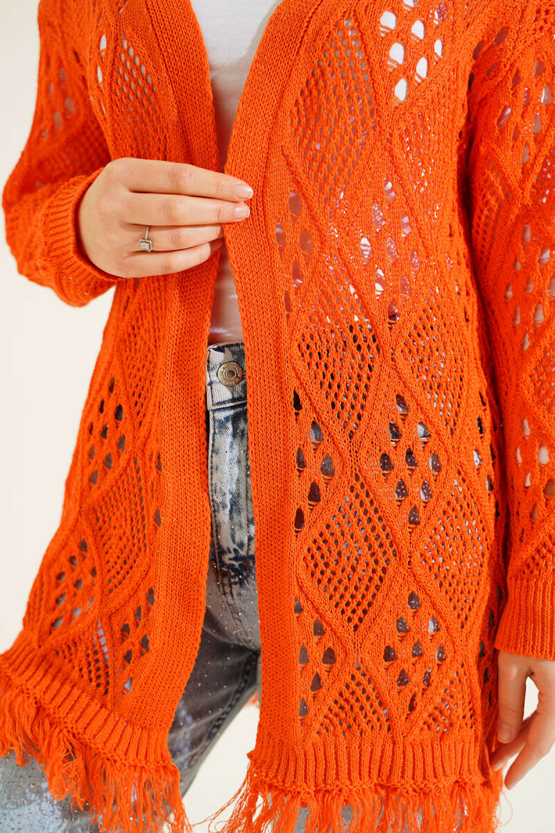 Tasselled Diamond-Pattern Pointelle Cardigan - Orange
