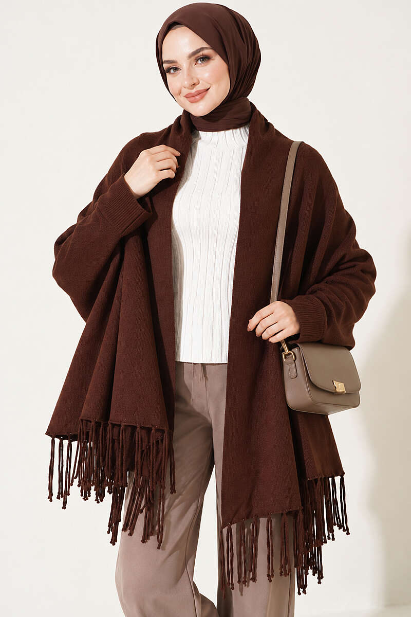 Basic Fringed Shoulder Shawl - Brown