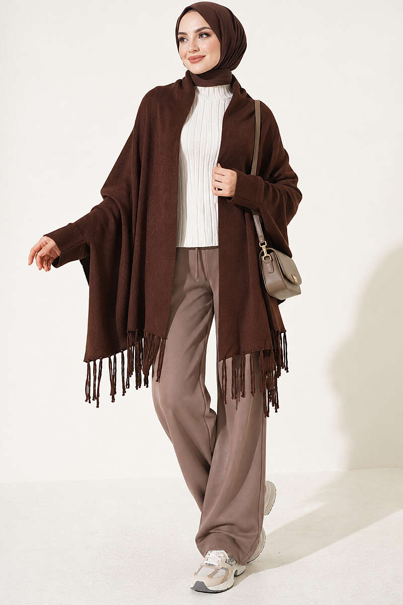 Basic Fringed Shoulder Shawl - Brown