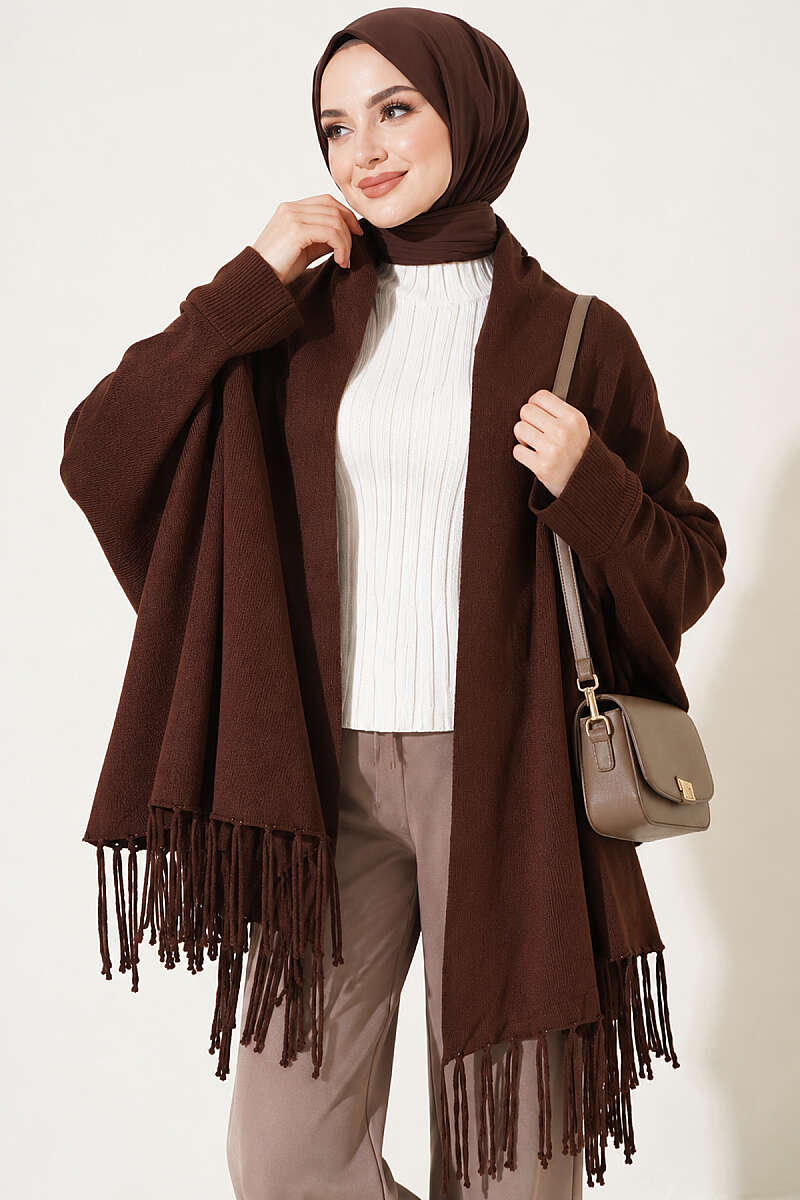 Basic Fringed Shoulder Shawl - Brown